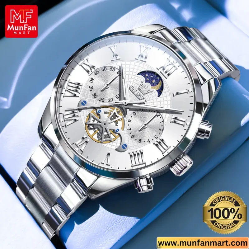 Original OLEVS 3640 Chronograph Man's Watch Full Silver