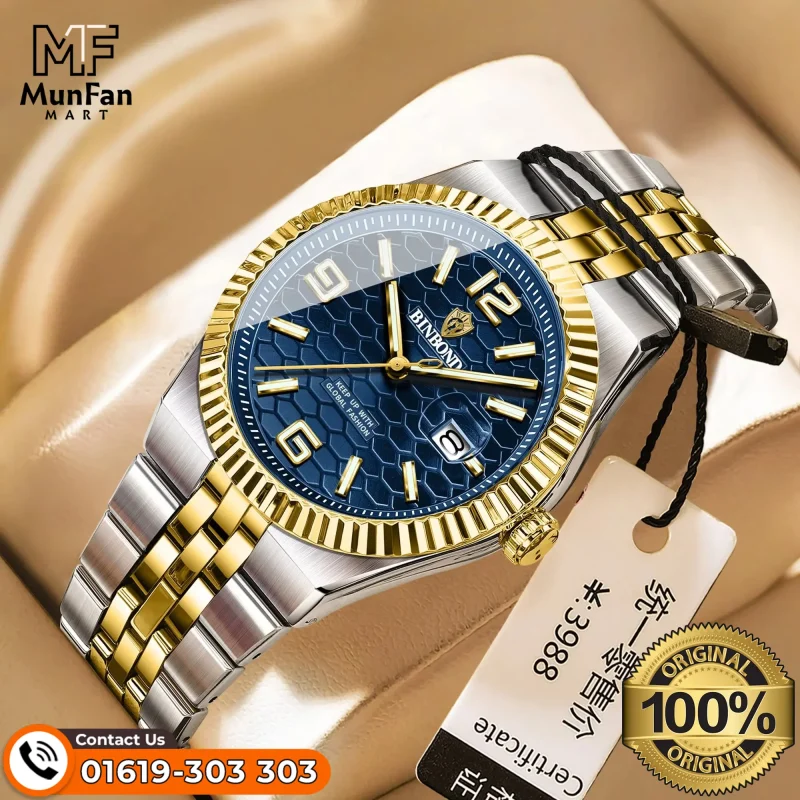 Binbond 8181 Silver Golden Blue Man's Watch
