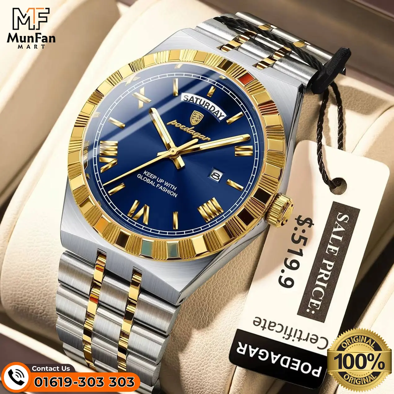 POEDAGAR 675 Golden Blue Mans Watch POEDAGAR 675 Golden Blue Mans Watch