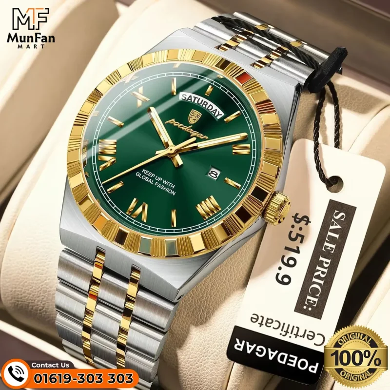 Poedagar 675 Golden Green Mans Watch