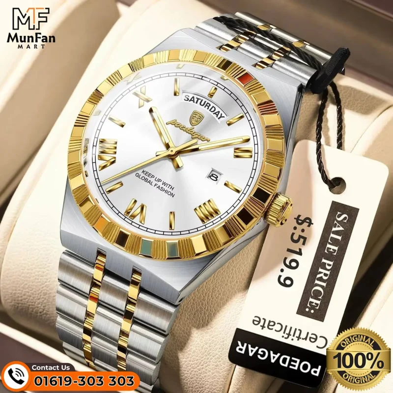 Poedagar 675 Silver Golden White Mans Watch
