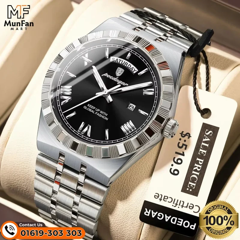 Poedagar 675 Silver Black Mans Watch