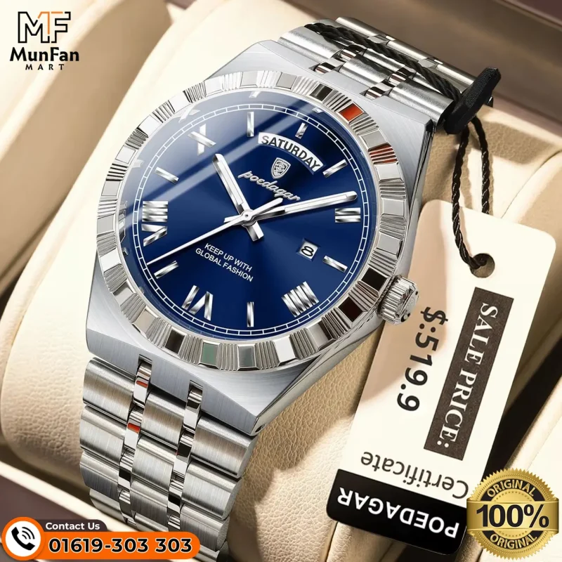 Poedagar 675 Silver Blue Mans Watch