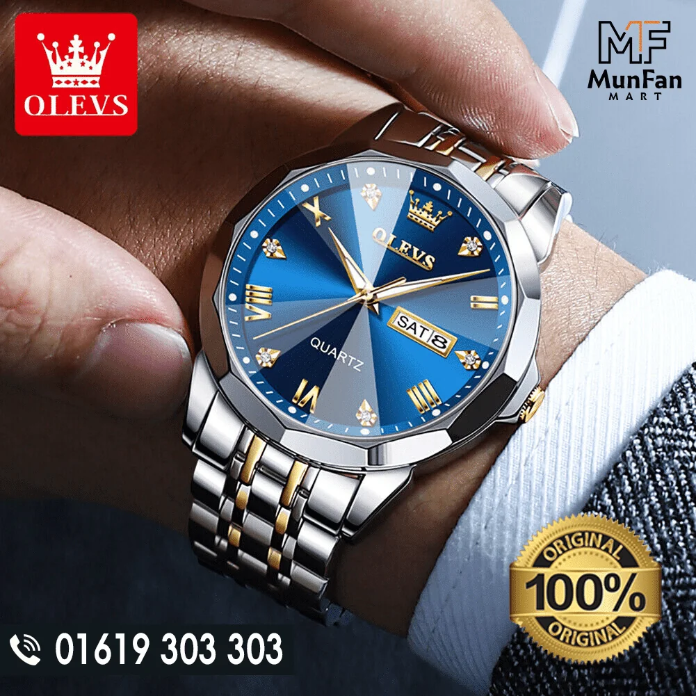 OLEVS 9931 Man's Premium Watch Golden Blue