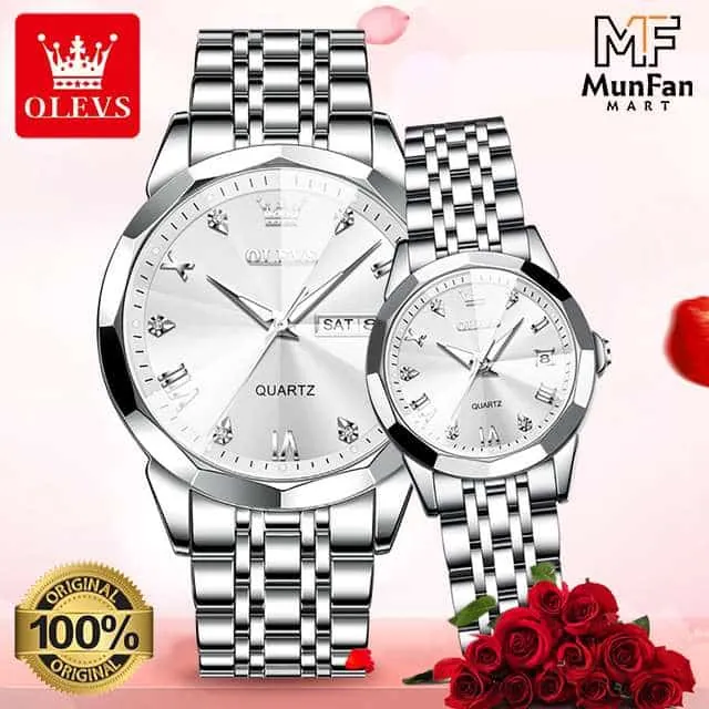 OLEVS 9931 Couple Watch Full Silver