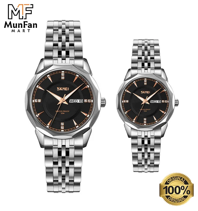 SKMEI 9268 Silver Black Premium Luxury Couple Watch