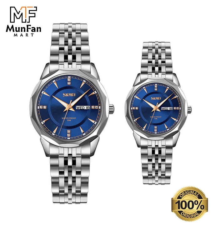 SKMEI 9268 Silver Blue Premium Luxury Couple Watch